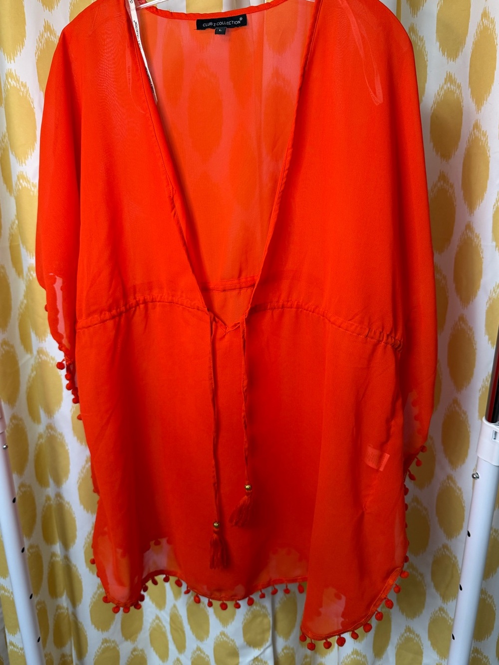 Club Z Collection Bright Red/Orange Sheer Pom-Pom Cover-Up